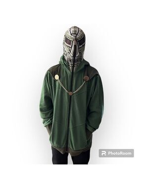 MARVEL DOCTOR DOOM Green Mask Hooded Zip Up Costume Sweater Small